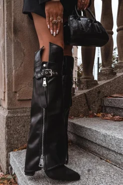 Sale Ocieplane Kozaki Damskie Za Kolano Na Słupku Z Paskiem Klamrą I Srebrnym Zamkiem Czarne Reisa Damskie Kozaki Ocieplane|Muszkieterki