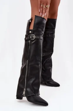 Sale Ocieplane Kozaki Damskie Za Kolano Na Słupku Z Paskiem Klamrą I Srebrnym Zamkiem Czarne Reisa Damskie Kozaki Ocieplane|Muszkieterki