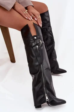 Sale Ocieplane Kozaki Damskie Za Kolano Na Słupku Z Paskiem Klamrą I Srebrnym Zamkiem Czarne Reisa Damskie Kozaki Ocieplane|Muszkieterki