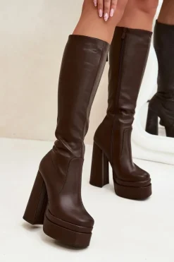 Hot Boto Ocieplane Kozaki Damskie Na Słupku I Platformie Czekoladowe Lysara