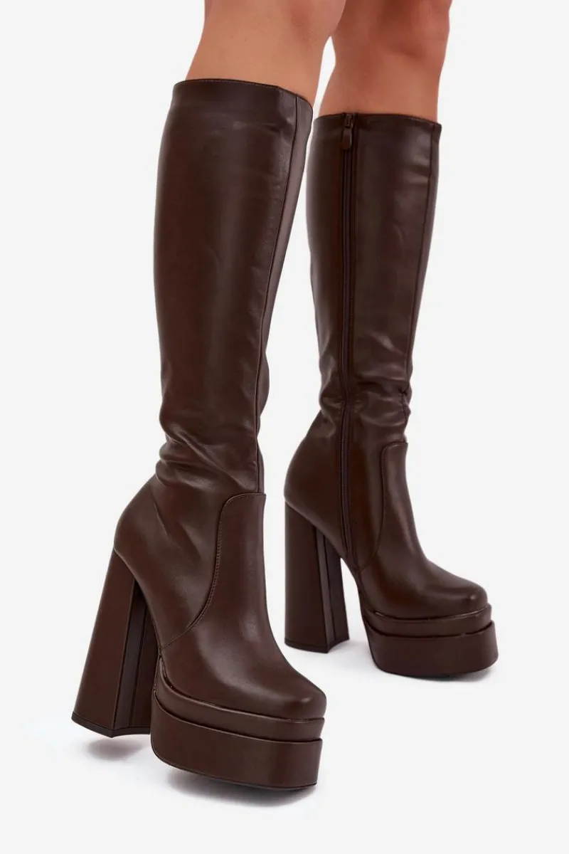 Hot Boto Ocieplane Kozaki Damskie Na Słupku I Platformie Czekoladowe Lysara