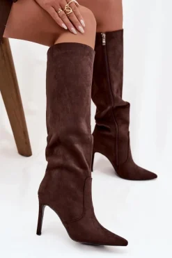 Online Boto Ocieplane Kozaki Damskie Na Szpilce Z Eko Zamszu Czekoladowe Rosavine Brązowy