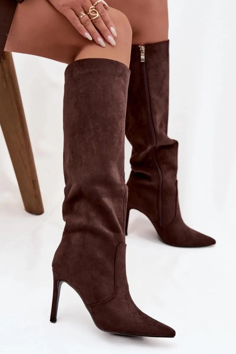 Online Boto Ocieplane Kozaki Damskie Na Szpilce Z Eko Zamszu Czekoladowe Rosavine Brązowy