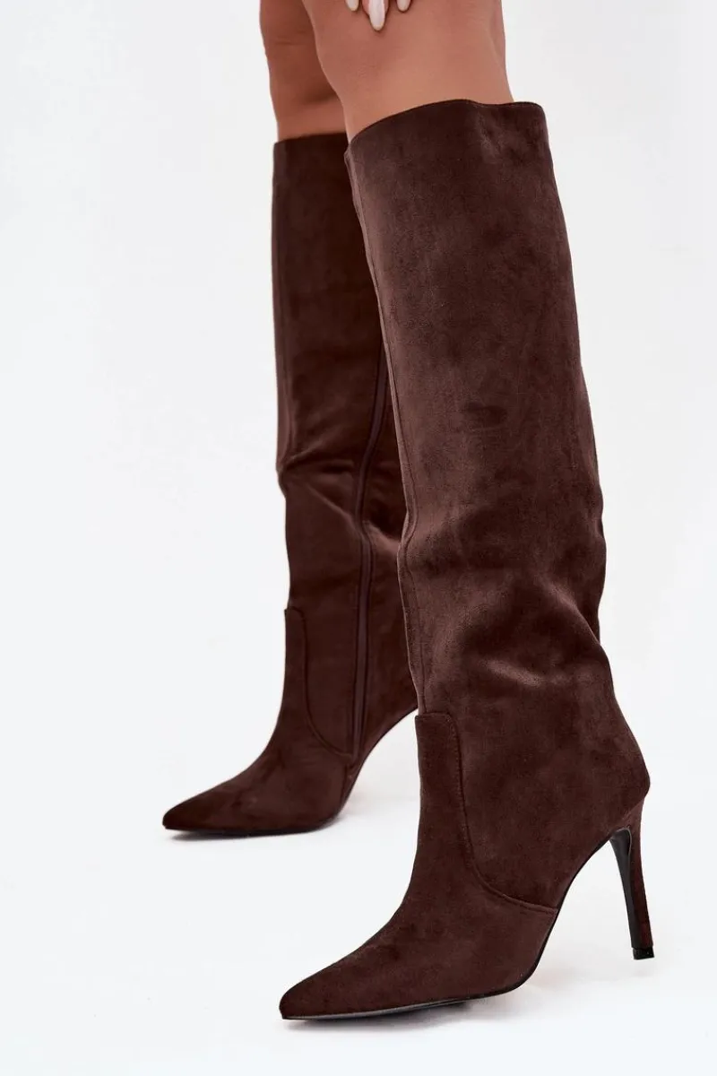 Online Boto Ocieplane Kozaki Damskie Na Szpilce Z Eko Zamszu Czekoladowe Rosavine Brązowy