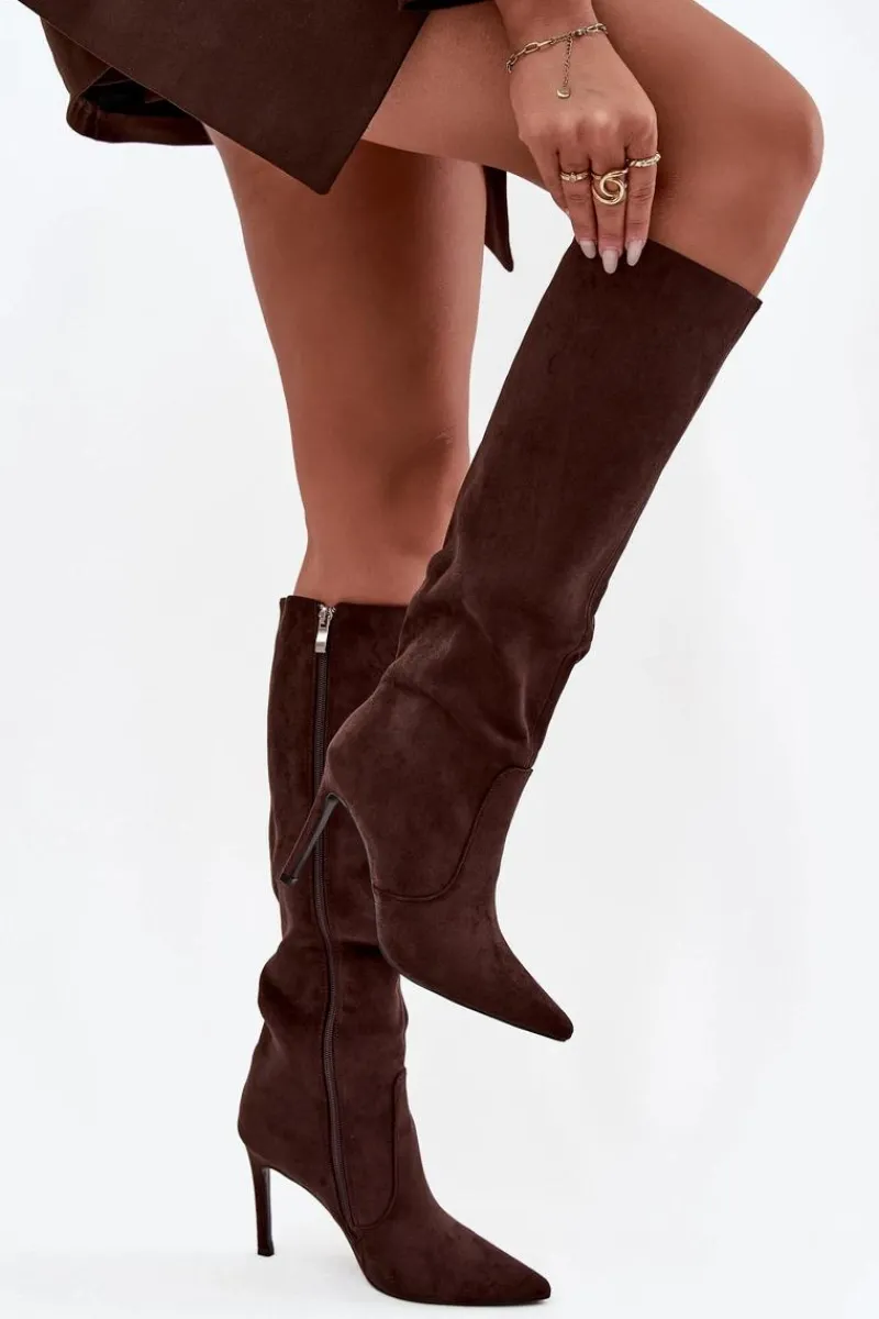 Online Boto Ocieplane Kozaki Damskie Na Szpilce Z Eko Zamszu Czekoladowe Rosavine Brązowy