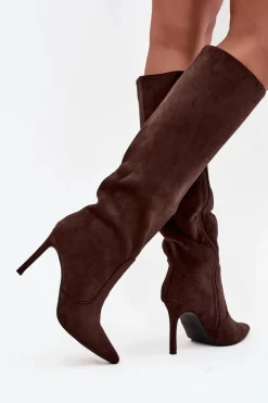 Online Boto Ocieplane Kozaki Damskie Na Szpilce Z Eko Zamszu Czekoladowe Rosavine Brązowy