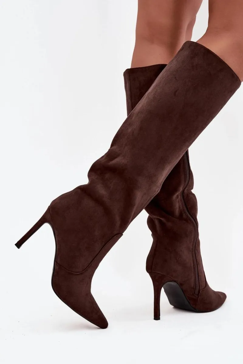Online Boto Ocieplane Kozaki Damskie Na Szpilce Z Eko Zamszu Czekoladowe Rosavine Brązowy