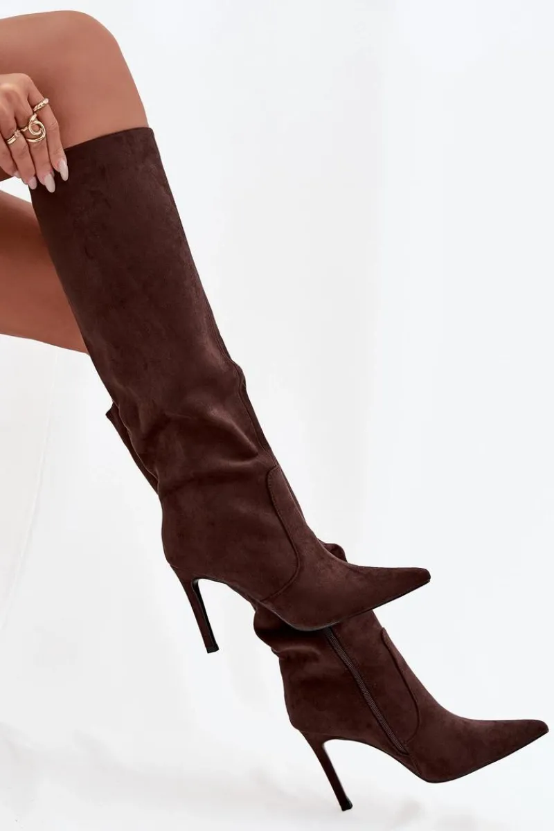 Online Boto Ocieplane Kozaki Damskie Na Szpilce Z Eko Zamszu Czekoladowe Rosavine Brązowy