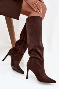 Online Boto Ocieplane Kozaki Damskie Na Szpilce Z Eko Zamszu Czekoladowe Rosavine Brązowy