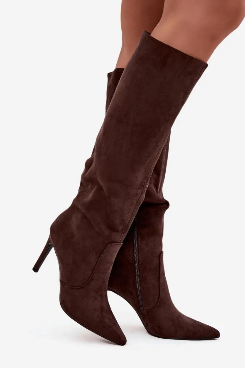 Online Boto Ocieplane Kozaki Damskie Na Szpilce Z Eko Zamszu Czekoladowe Rosavine Brązowy