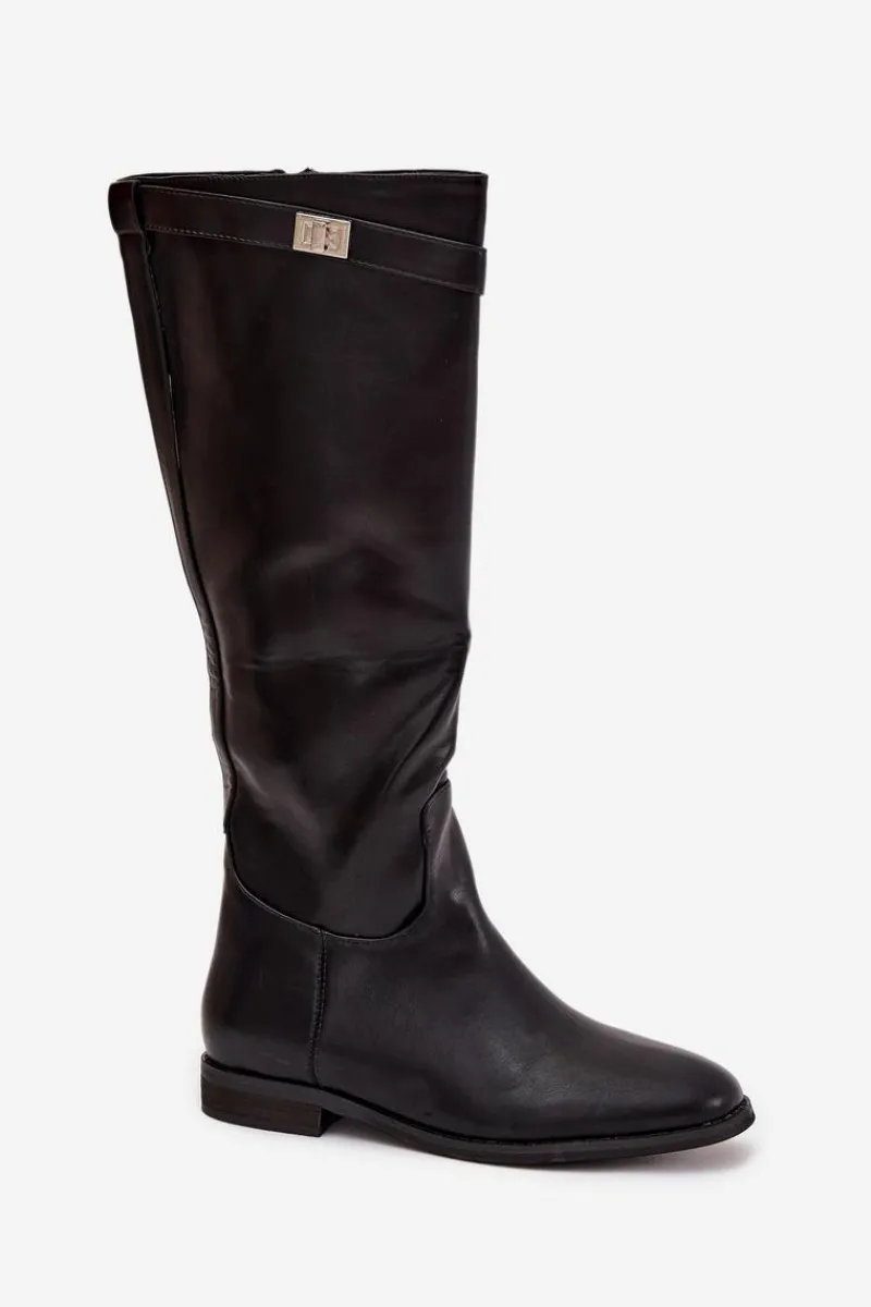 Discount Boto Ocieplane Kozaki Damskie Na Płaskim Obcasie Z Paskiem I Srebrnym Detalem Czarne Geraline