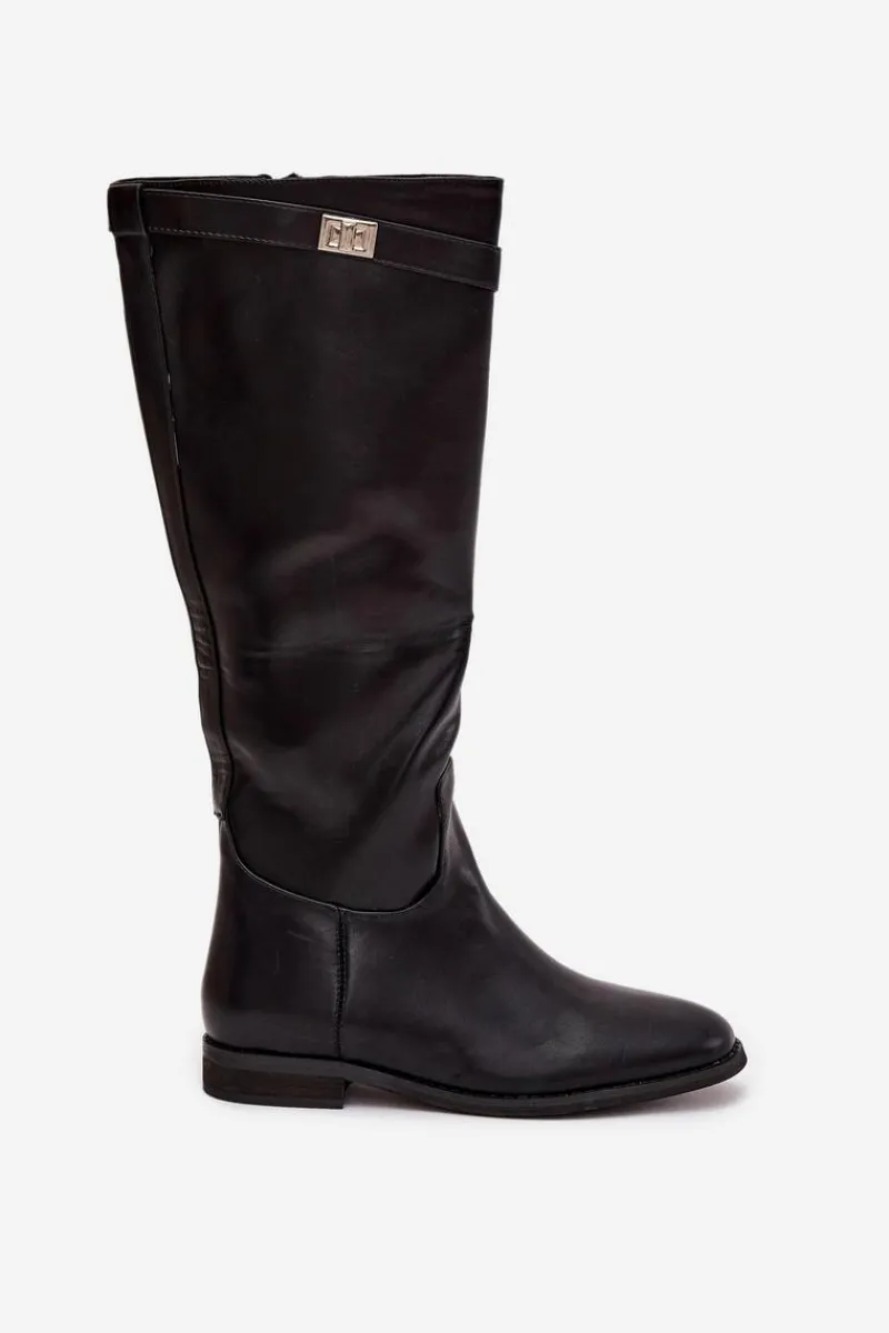 Discount Boto Ocieplane Kozaki Damskie Na Płaskim Obcasie Z Paskiem I Srebrnym Detalem Czarne Geraline