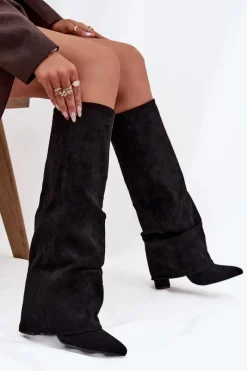 Sale Boto Ocieplane Kozaki Damskie Z Wywiniętą Cholewką Na Słupku Eko Zamszowe Czarne Elivira Czarny