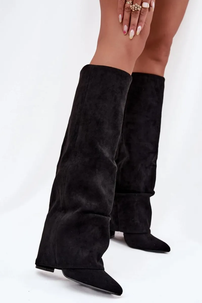 Sale Boto Ocieplane Kozaki Damskie Z Wywiniętą Cholewką Na Słupku Eko Zamszowe Czarne Elivira Czarny