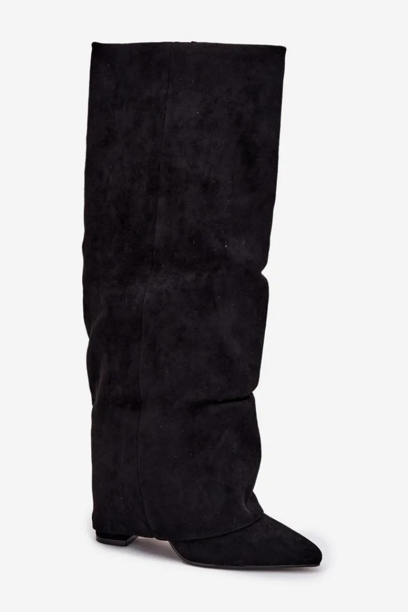 Sale Boto Ocieplane Kozaki Damskie Z Wywiniętą Cholewką Na Słupku Eko Zamszowe Czarne Elivira Czarny