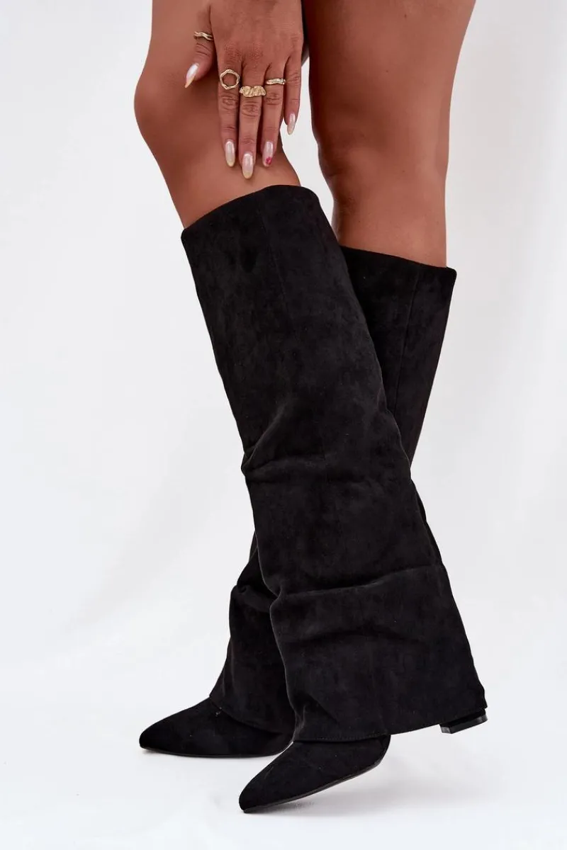 Sale Boto Ocieplane Kozaki Damskie Z Wywiniętą Cholewką Na Słupku Eko Zamszowe Czarne Elivira Czarny