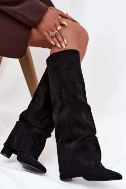 Sale Boto Ocieplane Kozaki Damskie Z Wywiniętą Cholewką Na Słupku Eko Zamszowe Czarne Elivira Czarny