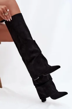 Sale Boto Ocieplane Kozaki Damskie Z Wywiniętą Cholewką Na Słupku Eko Zamszowe Czarne Elivira Czarny