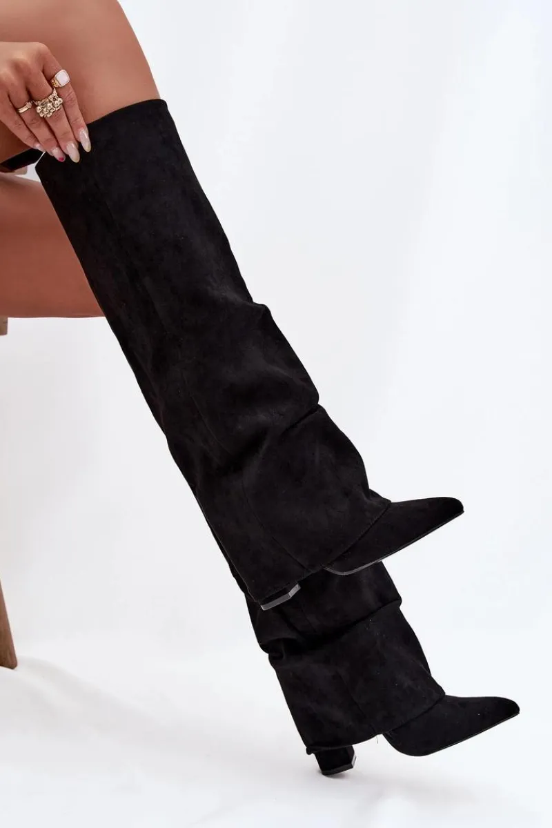 Sale Boto Ocieplane Kozaki Damskie Z Wywiniętą Cholewką Na Słupku Eko Zamszowe Czarne Elivira Czarny