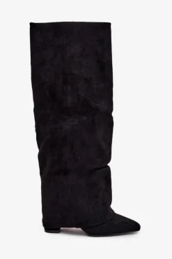 Sale Boto Ocieplane Kozaki Damskie Z Wywiniętą Cholewką Na Słupku Eko Zamszowe Czarne Elivira Czarny