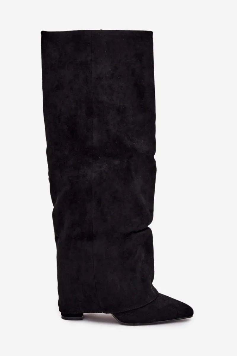 Sale Boto Ocieplane Kozaki Damskie Z Wywiniętą Cholewką Na Słupku Eko Zamszowe Czarne Elivira Czarny