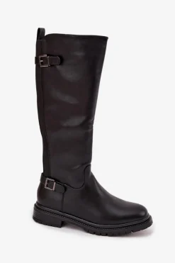 Hot Ocieplane Kozaki Damskie Na Płaskim Obcasie Z Klamrami Czarne Sarelle Damskie Kozaki Ocieplane|Kozaki Płaskie