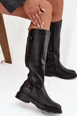 Hot Ocieplane Kozaki Damskie Na Płaskim Obcasie Z Klamrami Czarne Sarelle Damskie Kozaki Ocieplane|Kozaki Płaskie