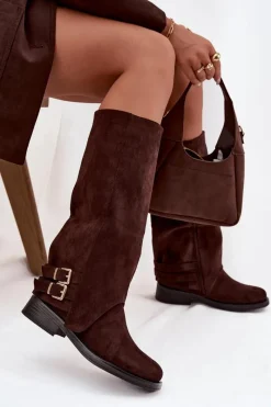 Clearance Ocieplane Kozaki Damskie Z Klamrami Czekoladowe Umbria Damskie Kozaki Ocieplane|Kozaki Z Wywiniętą Cholewką