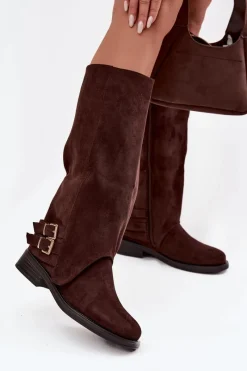 Clearance Ocieplane Kozaki Damskie Z Klamrami Czekoladowe Umbria Damskie Kozaki Ocieplane|Kozaki Z Wywiniętą Cholewką