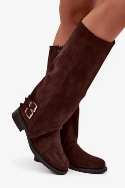 Clearance Ocieplane Kozaki Damskie Z Klamrami Czekoladowe Umbria Damskie Kozaki Ocieplane|Kozaki Z Wywiniętą Cholewką