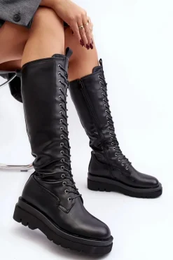 Hot Boto Ocieplane Kozaki Glany Damskie Przed Kolano Czarne Lliclies