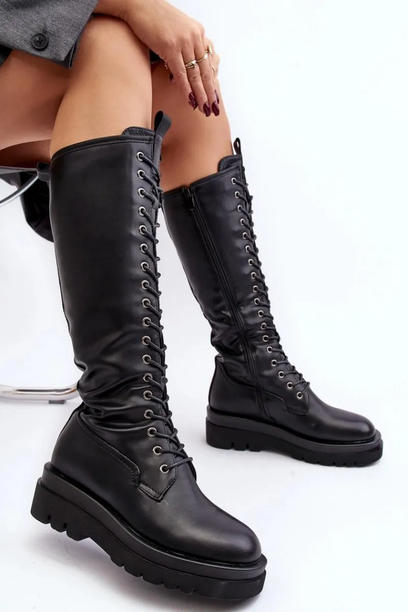 Hot Boto Ocieplane Kozaki Glany Damskie Przed Kolano Czarne Lliclies