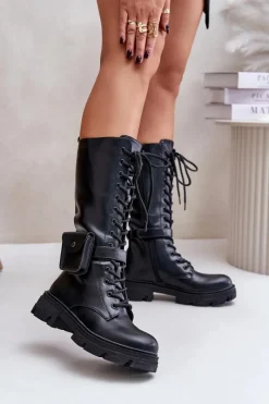 Outlet Ocieplane Kozaki Glany Do Połowy Łydki Z Saszetką Czarne Temisza Damskie Kozaki Wiosenne|Kozaki Płaskie