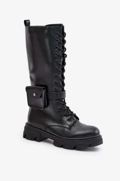 Outlet Ocieplane Kozaki Glany Do Połowy Łydki Z Saszetką Czarne Temisza Damskie Kozaki Wiosenne|Kozaki Płaskie