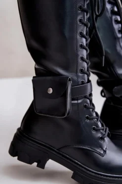 Outlet Ocieplane Kozaki Glany Do Połowy Łydki Z Saszetką Czarne Temisza Damskie Kozaki Wiosenne|Kozaki Płaskie