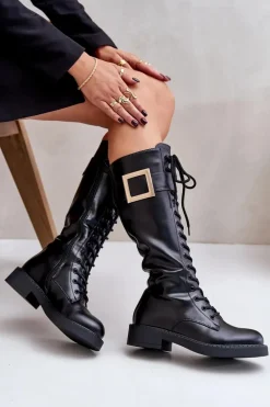 Best Boto Ocieplane Kozaki Glany Z Ozdobną Klamrą Czarne Linnealisa