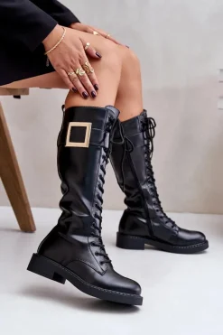 Best Boto Ocieplane Kozaki Glany Z Ozdobną Klamrą Czarne Linnealisa