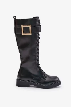 Best Boto Ocieplane Kozaki Glany Z Ozdobną Klamrą Czarne Linnealisa