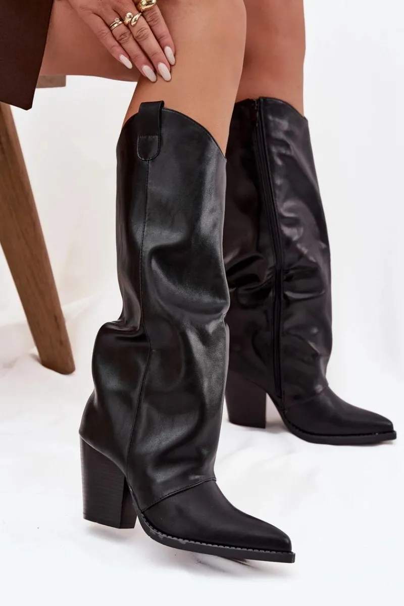 Clearance Boto Ocieplane Kozaki Kowbojki Na Słupku Z Eko Skóry Czarne Mavine Czarny