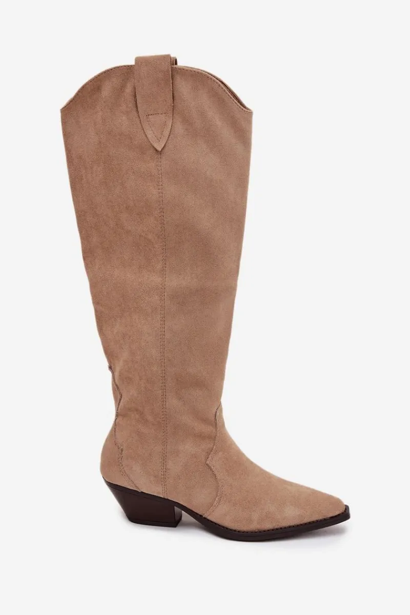 New Ocieplane Kozaki Kowbojki Na Obcasie Z Eko Zamszu Beżowe Jovianne Damskie Kozaki Ocieplane|Kozaki Na Słupku