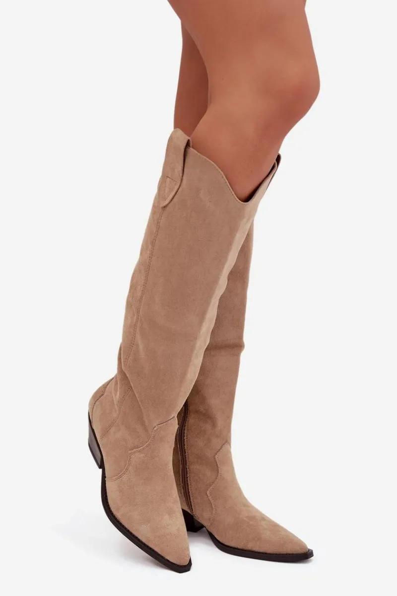 New Ocieplane Kozaki Kowbojki Na Obcasie Z Eko Zamszu Beżowe Jovianne Damskie Kozaki Ocieplane|Kozaki Na Słupku