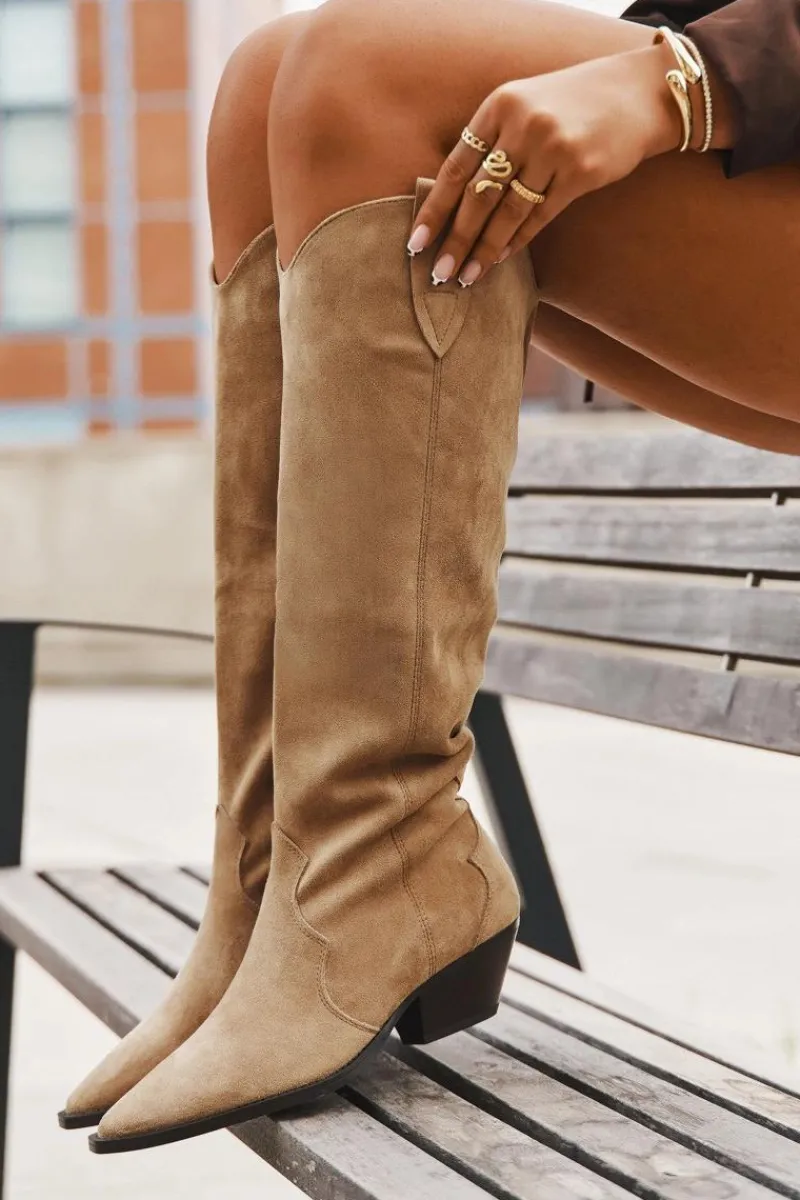 New Ocieplane Kozaki Kowbojki Na Obcasie Z Eko Zamszu Beżowe Jovianne Damskie Kozaki Ocieplane|Kozaki Na Słupku