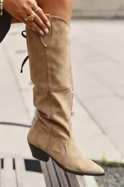 New Ocieplane Kozaki Kowbojki Na Obcasie Z Eko Zamszu Beżowe Jovianne Damskie Kozaki Ocieplane|Kozaki Na Słupku