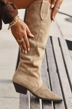 New Ocieplane Kozaki Kowbojki Na Obcasie Z Eko Zamszu Beżowe Jovianne Damskie Kozaki Ocieplane|Kozaki Na Słupku