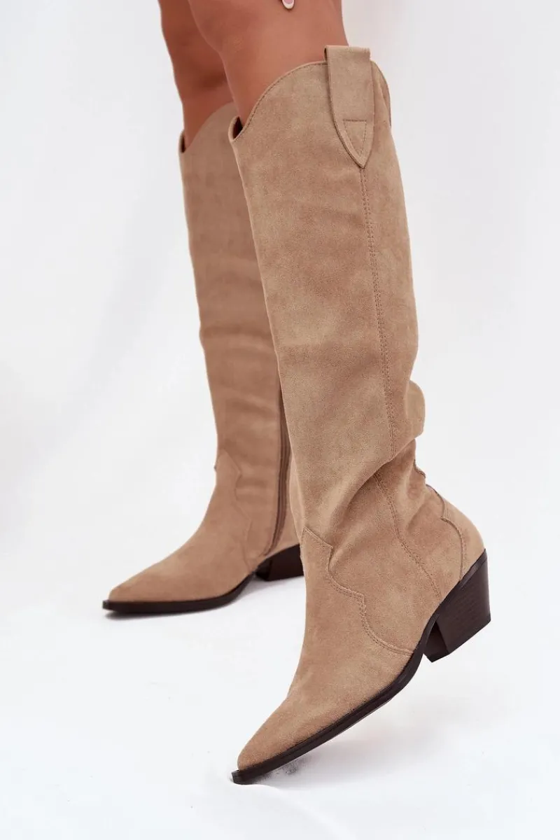 New Ocieplane Kozaki Kowbojki Na Obcasie Z Eko Zamszu Beżowe Jovianne Damskie Kozaki Ocieplane|Kozaki Na Słupku