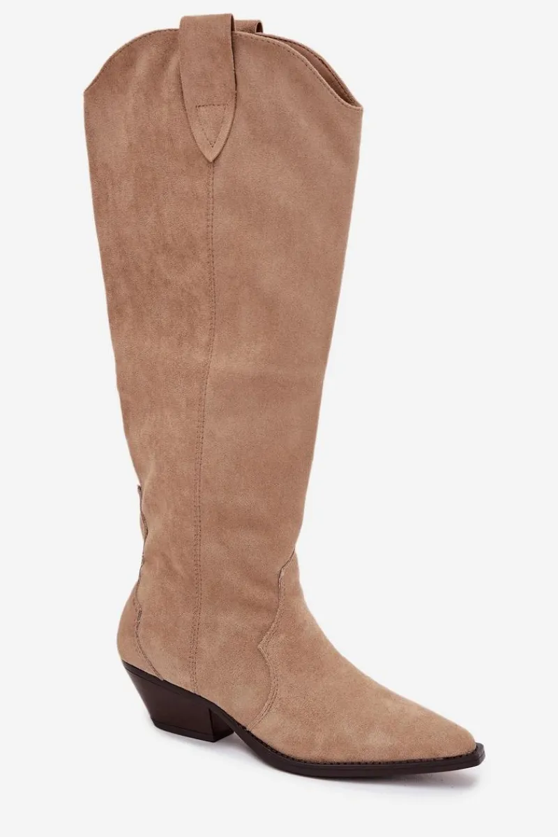 New Ocieplane Kozaki Kowbojki Na Obcasie Z Eko Zamszu Beżowe Jovianne Damskie Kozaki Ocieplane|Kozaki Na Słupku