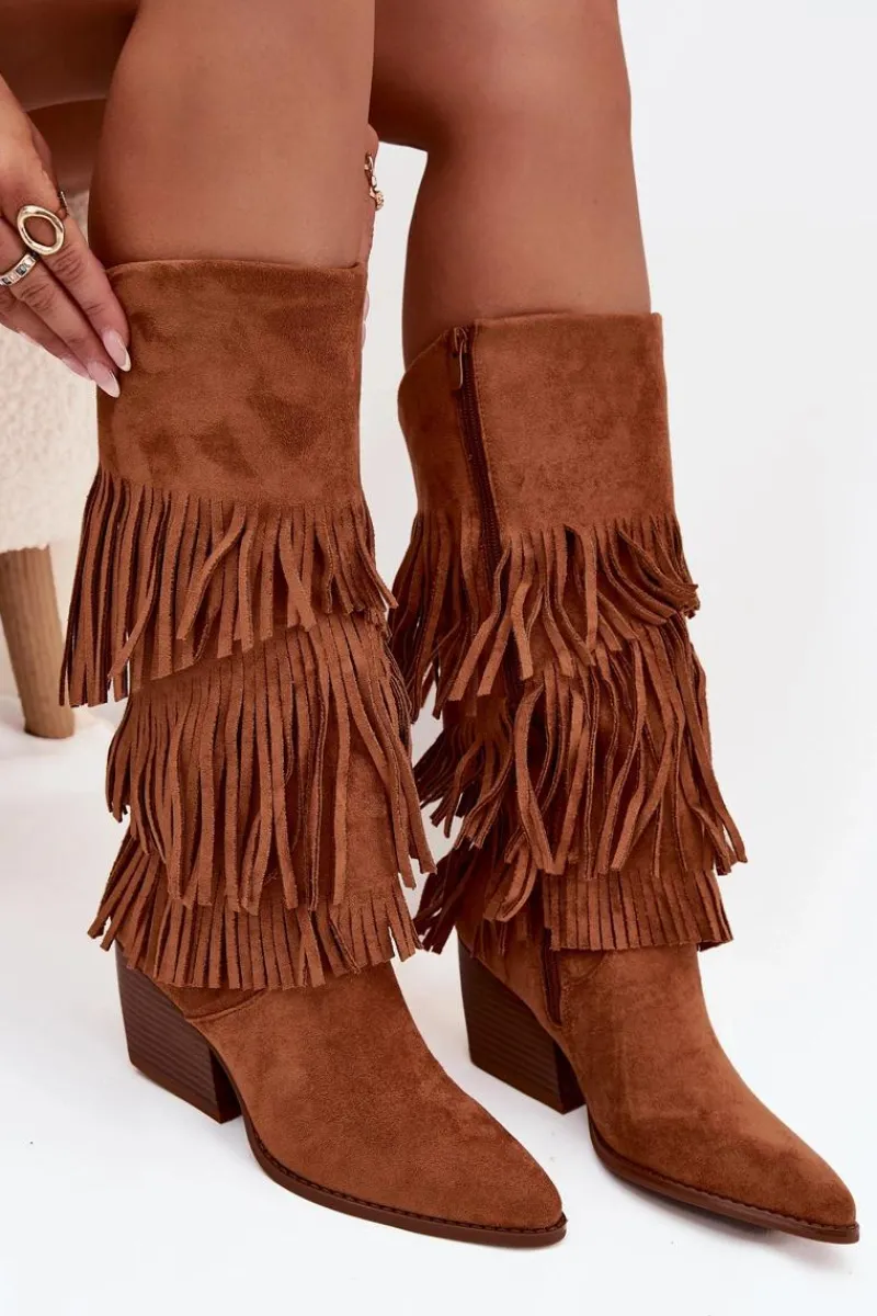 Sale Boto Ocieplane Kozaki Kowbojki Damskie Z Frędzlami Camel Brivina Brązowy