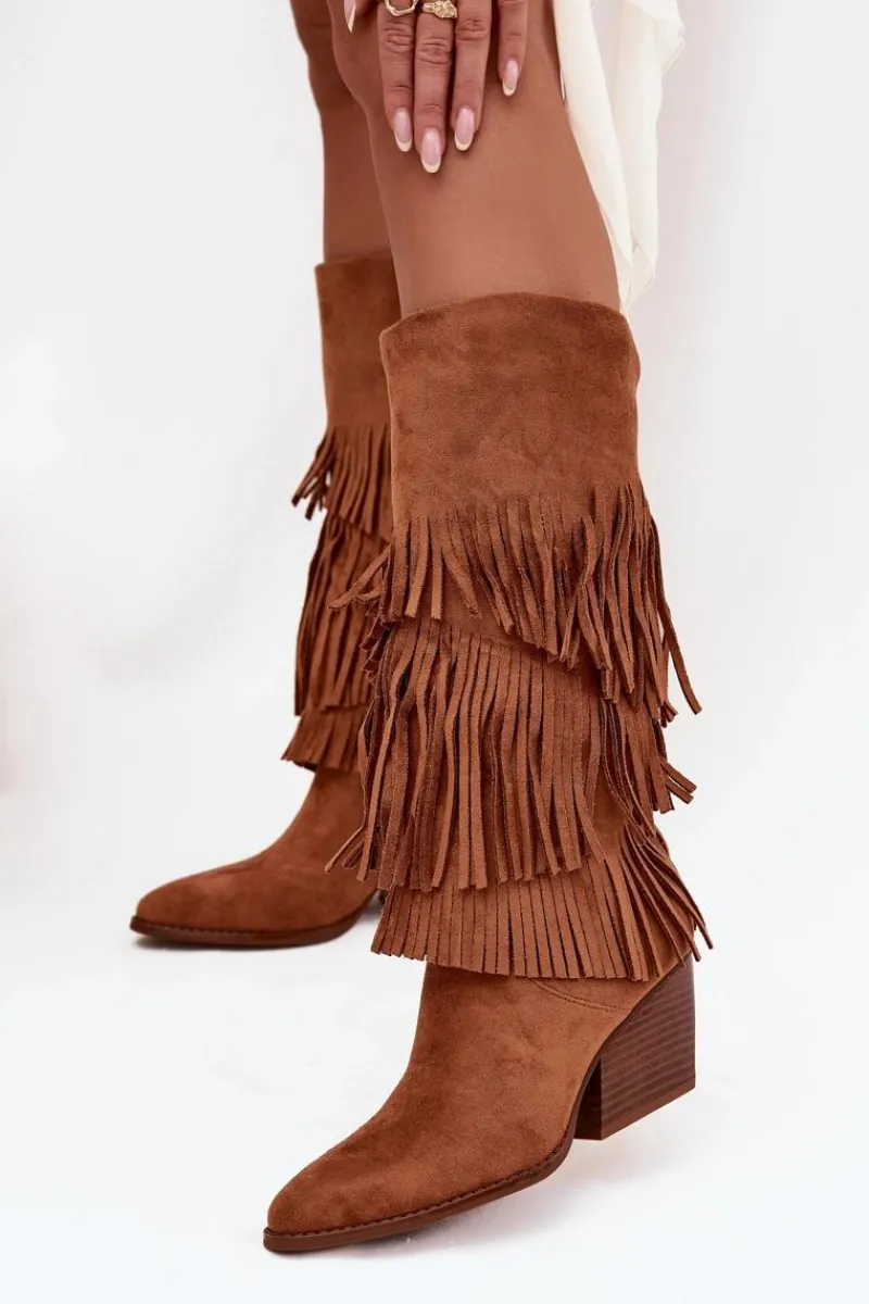 Sale Boto Ocieplane Kozaki Kowbojki Damskie Z Frędzlami Camel Brivina Brązowy