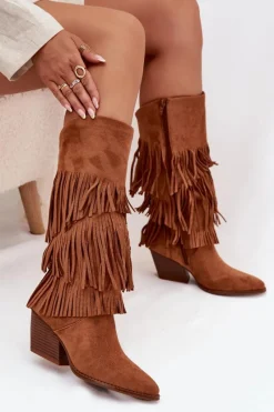 Sale Boto Ocieplane Kozaki Kowbojki Damskie Z Frędzlami Camel Brivina Brązowy