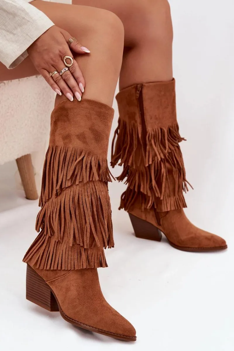 Sale Boto Ocieplane Kozaki Kowbojki Damskie Z Frędzlami Camel Brivina Brązowy